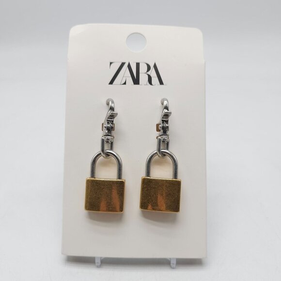 ZARA NEW WOMAN SS24 GOLD SILVER PADLOCK EARRINGS REF:4736/015 * - Picture 1 of 5
